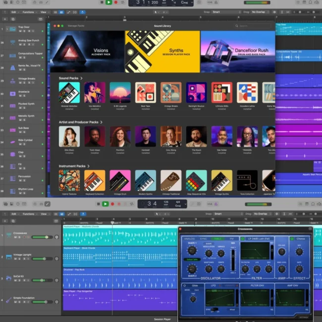 Logic Pro 12 AI Session Players showing Synth Player, Bass Player, Keyboard Player, Acoustic Drummer, Electronic Drummer, and Percussionist controls