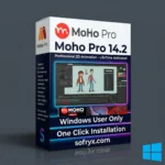 Moho Pro 14.2 professional 2D animation interface showing bone rigging system, character animation timeline, and animated curve profiles for professional character creation