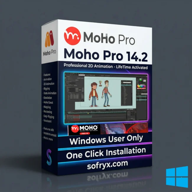 Moho Pro 14.2 professional 2D animation interface showing bone rigging system, character animation timeline, and animated curve profiles for professional character creation