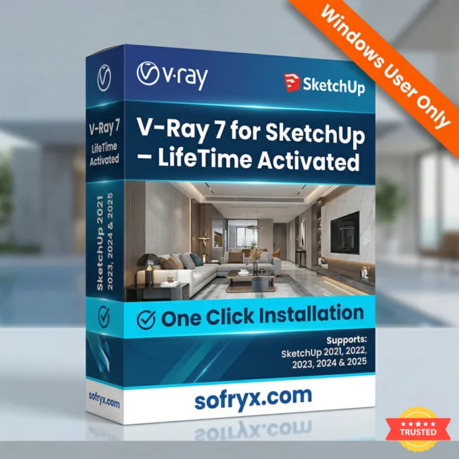 V-Ray 7 Hotfix 2 professional rendering software for SketchUp 2021-2025 displaying photorealistic architectural visualization interface with real-time viewport rendering