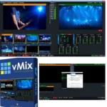 vMix Pro 24 multi-source mixing interface showing video inputs, transition controls, and professional scene switching for live broadcast production