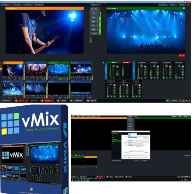 vMix Pro 24 multi-source mixing interface showing video inputs, transition controls, and professional scene switching for live broadcast production