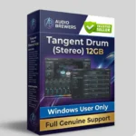 Tangent Drum premium tongue drum sample library showing 28 articulations, 6 octaves, stereo samples, and professional audio production tools