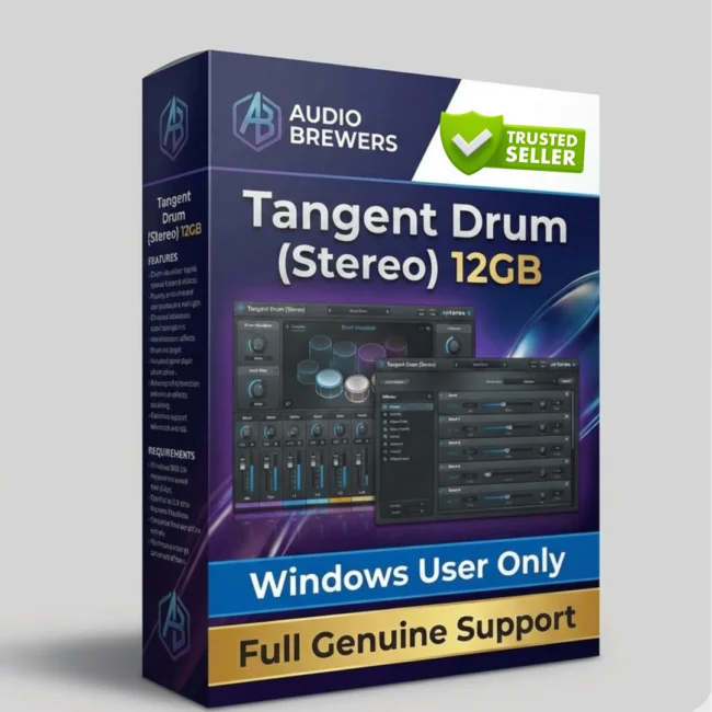 Tangent Drum premium tongue drum sample library showing 28 articulations, 6 octaves, stereo samples, and professional audio production tools