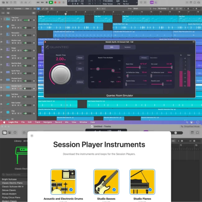 Logic Pro 11 professional interface showing audio tracks, MIDI editor, virtual instrument layout, and advanced editing tools for music production
