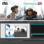 Toon Boom Harmony Premium 24 showing professional character rigging system with bone animation controls and puppet animation setup