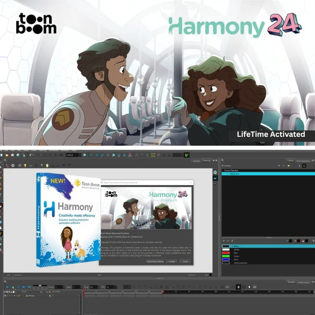 Toon Boom Harmony Premium 24 showing professional character rigging system with bone animation controls and puppet animation setup