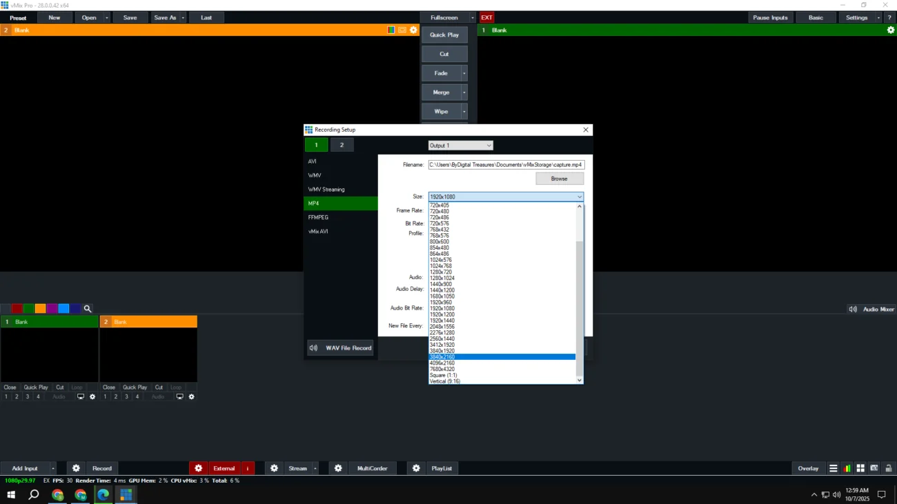 vMix Pro 28 showing simultaneous multi-platform streaming to YouTube Facebook Twitch and custom RTMP with independent quality settings
