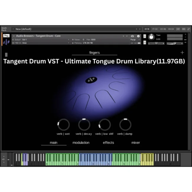 Tangent Drum showing 28 unique articulations including finger techniques, mallet styles, prepared methods, and sound design patches