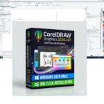 CorelDRAW 2026 Content Center showing integrated community library, fill designs, customizable interface options, and Windows 11 optimization