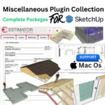Miscellaneous Plugin Collection for SketchUp showing professional design interface with building models and estimating tools