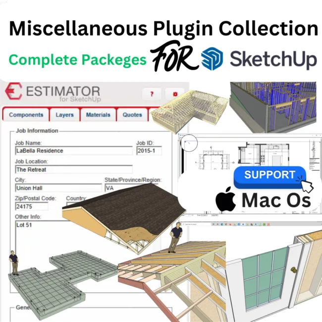 Miscellaneous Plugin Collection for SketchUp showing professional design interface with building models and estimating tools