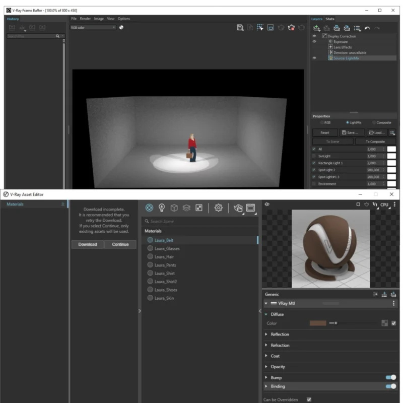 V-Ray Vision real-time rendering visualization showing SketchUp interior model with live viewport rendering displaying photorealistic materials and professional lighting adjustments in real-time