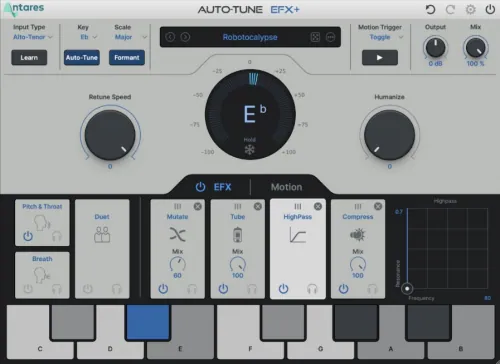 Auto-Tune EFX+ multi-effects rack showing delay reverb distortion and EQ compression vocal processing tools