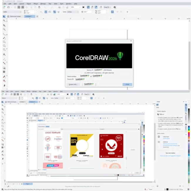CorelDRAW 2026 vector illustration interface showing bezier tools, fill engine controls, and professional drawing capabilities for graphic design