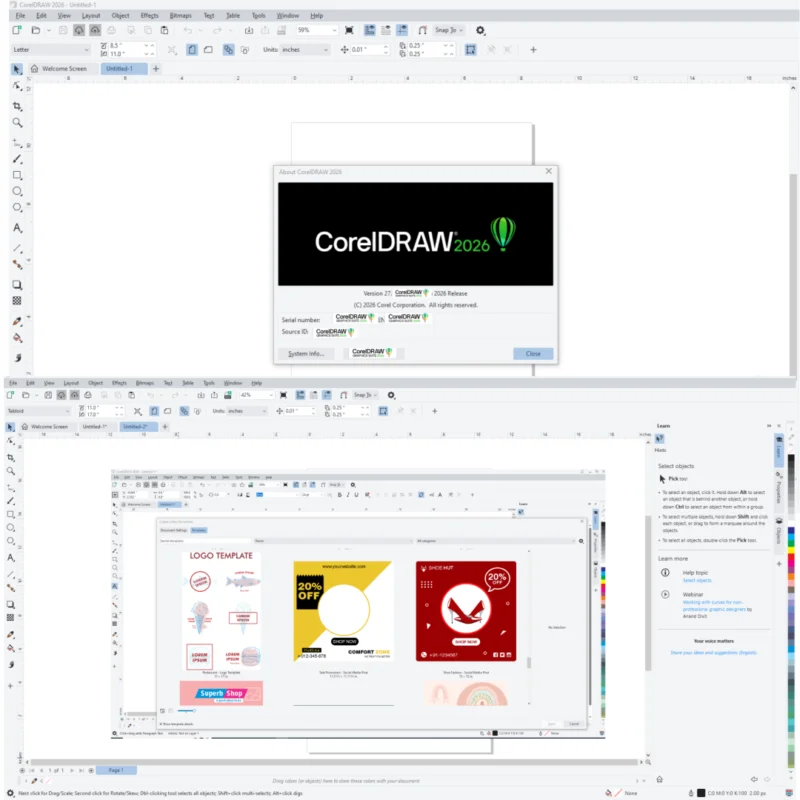 CorelDRAW 2026 vector illustration interface showing bezier tools, fill engine controls, and professional drawing capabilities for graphic design