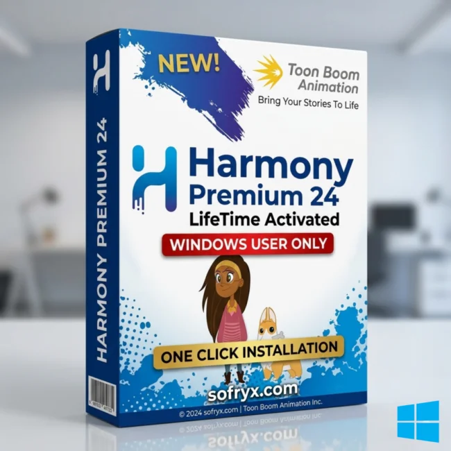 Toon Boom Harmony Premium 24 professional 2D animation software interface showing drawing tools, rigging system, and animation workspace