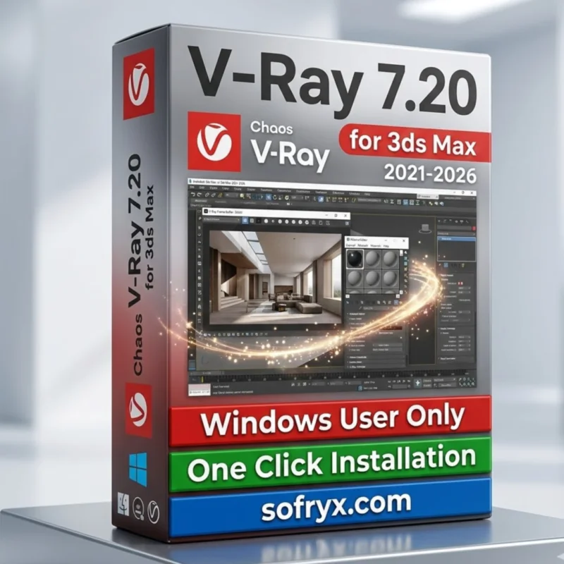V-Ray 7.20 for 3ds Max professional GPU rendering software showing photorealistic 3D visualization with advanced materials and lighting