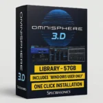 Spectrasonics Omnisphere 3.d professional synthesizer interface showing advanced wavetable synthesis engine and 57GB sound library preset browser