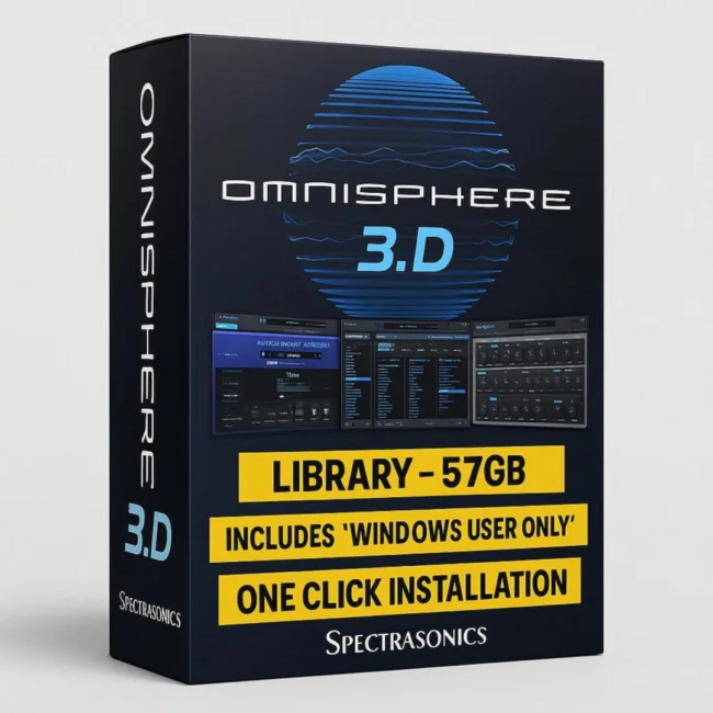 Spectrasonics Omnisphere 3.d professional synthesizer interface showing advanced wavetable synthesis engine and 57GB sound library preset browser