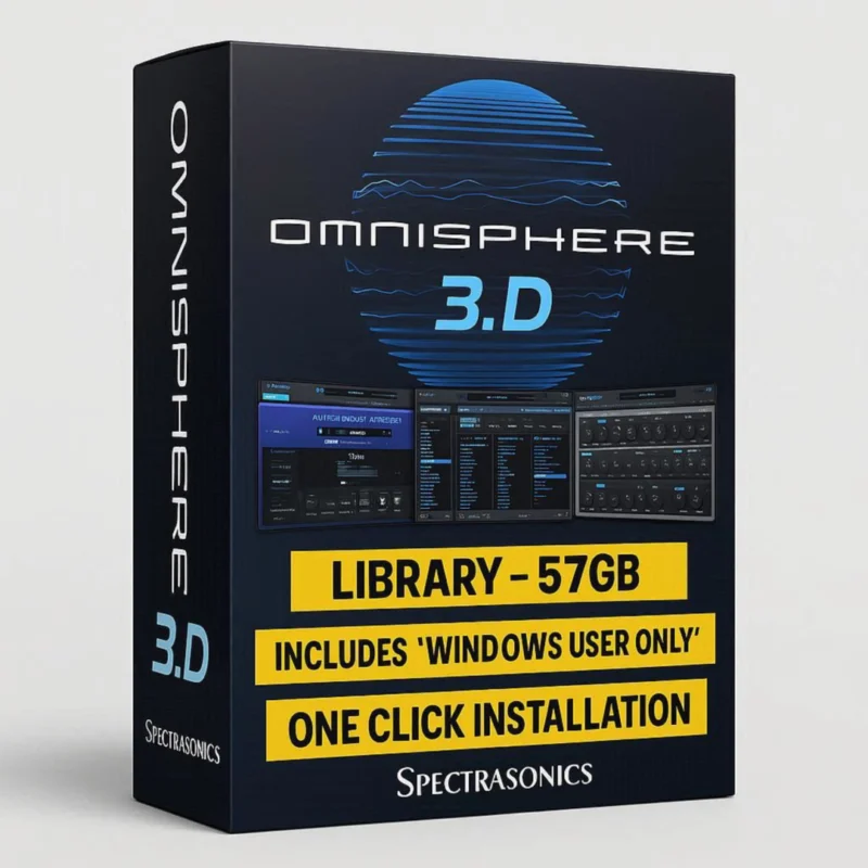 Spectrasonics Omnisphere 3.d professional synthesizer interface showing advanced wavetable synthesis engine and 57GB sound library preset browser