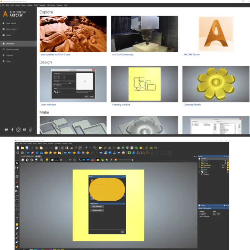 Vector to 3D relief conversion in ArtCAM 2018, showing AI-powered geometry generation from 2D artwork