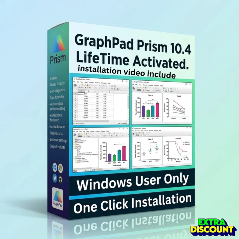 GraphPad Prism 10.4 lifetime licence product showcase with statistics graphs on Windows Image