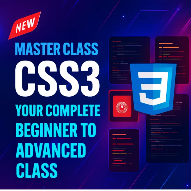 CSS3 Masterclass course banner showing code editor with CSS styles and colorful web design elements