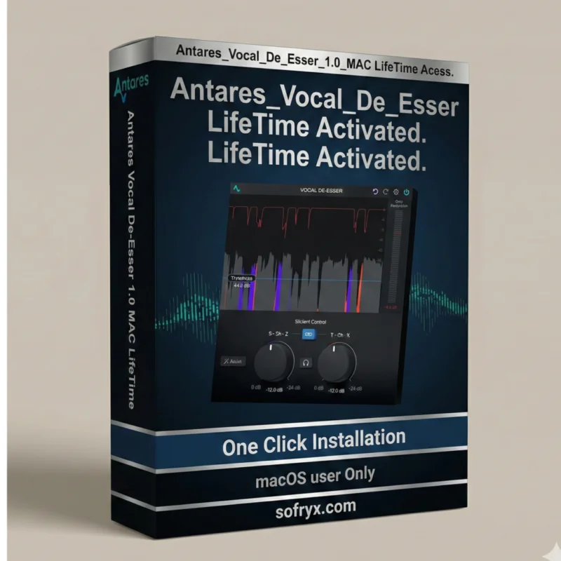 Antares Vocal De-Esser Mac professional interface showing AI sibilance detection and soft hard controls