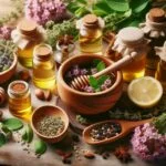 Home herbal apothecary setup showing dried herbs tinctures infused oils and prepa