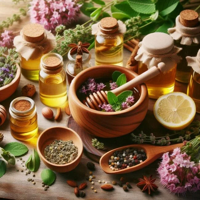 Home herbal apothecary setup showing dried herbs tinctures infused oils and prepa