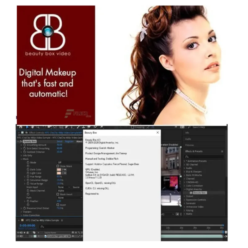 Before and after comparison showing professional skin retouching with Beauty Box Video plugin