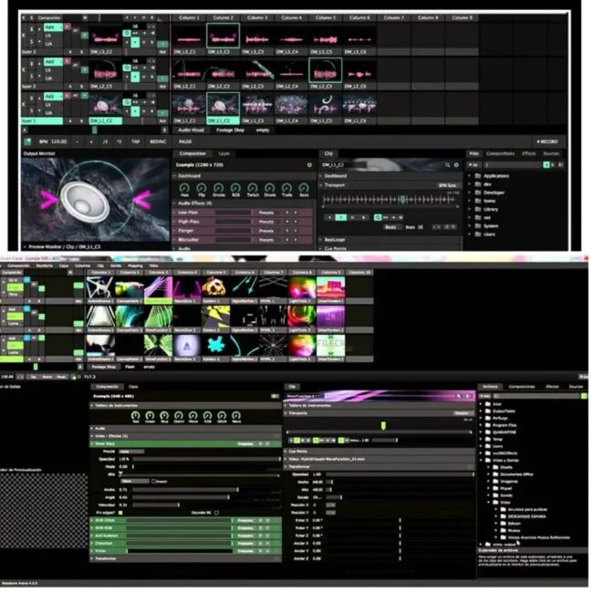 Resolume Arena projection mapping interface with surface warping and mask tools