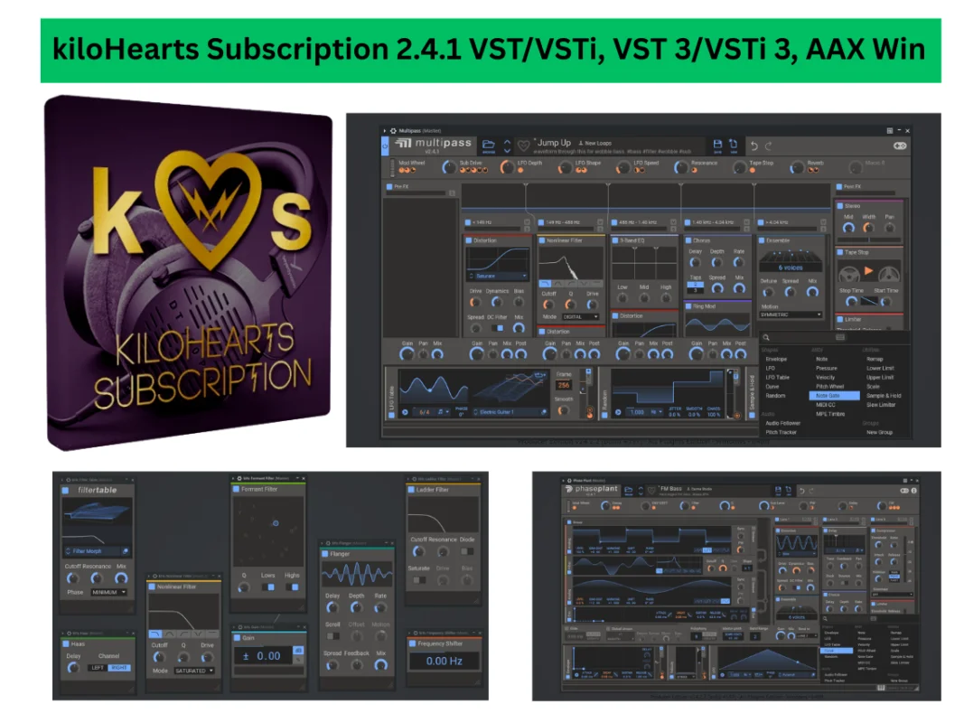 Carve EQ and Slice EQ from kiloHearts showing frequency analysis and equalization controls