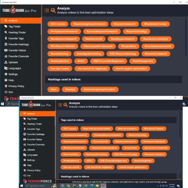 TubeRank Jeet AI keyword and hashtag discovery dashboard showing results