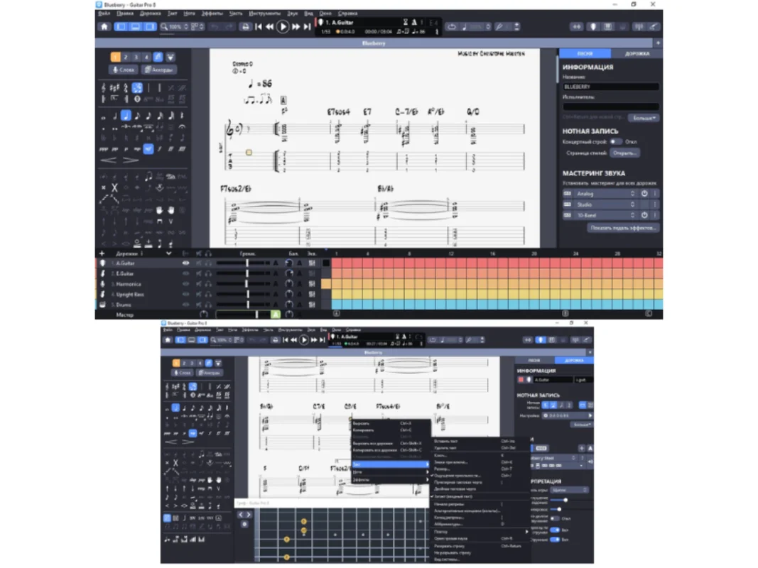 Guitar Pro music notation display chord diagram tablature