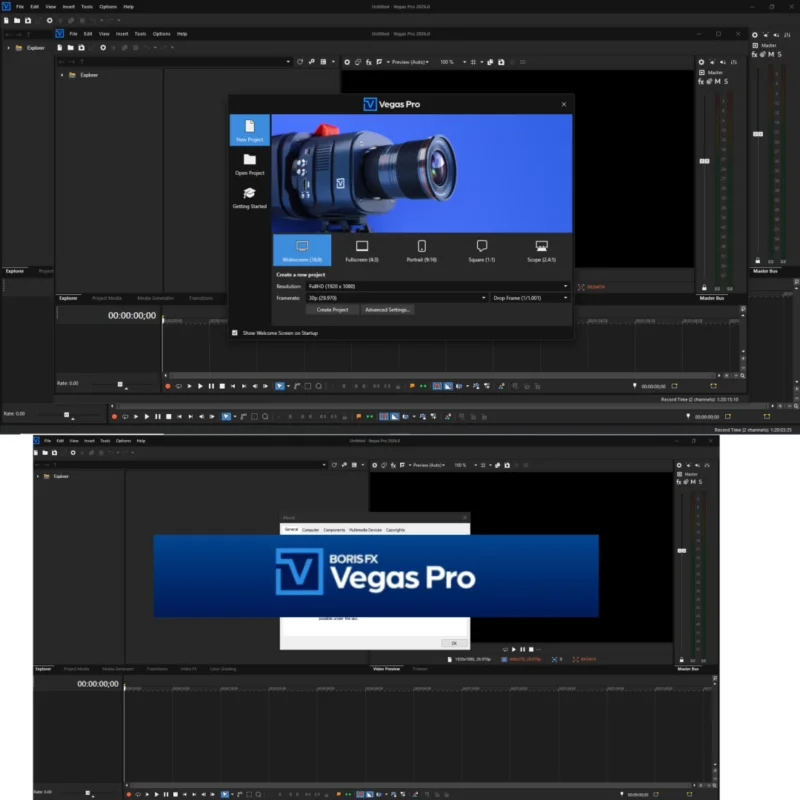 Vegas Pro multitrack video and audio timeline with effects layers and colour correction controls