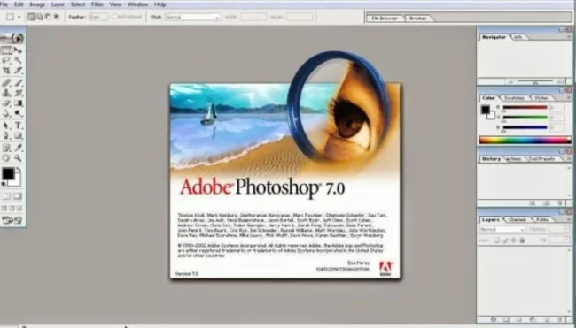 Adobe Photoshop 7.0 interface showing tool palettes and editing workspace