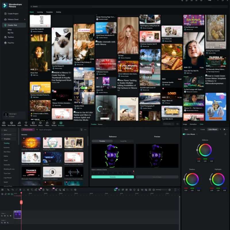 Filmora 15.3 video editor screenshot Windows, filter and transition options