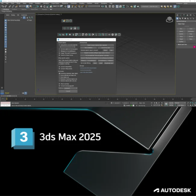 Autodesk 3ds Max 2025 polygon modeling viewport with editable poly tools