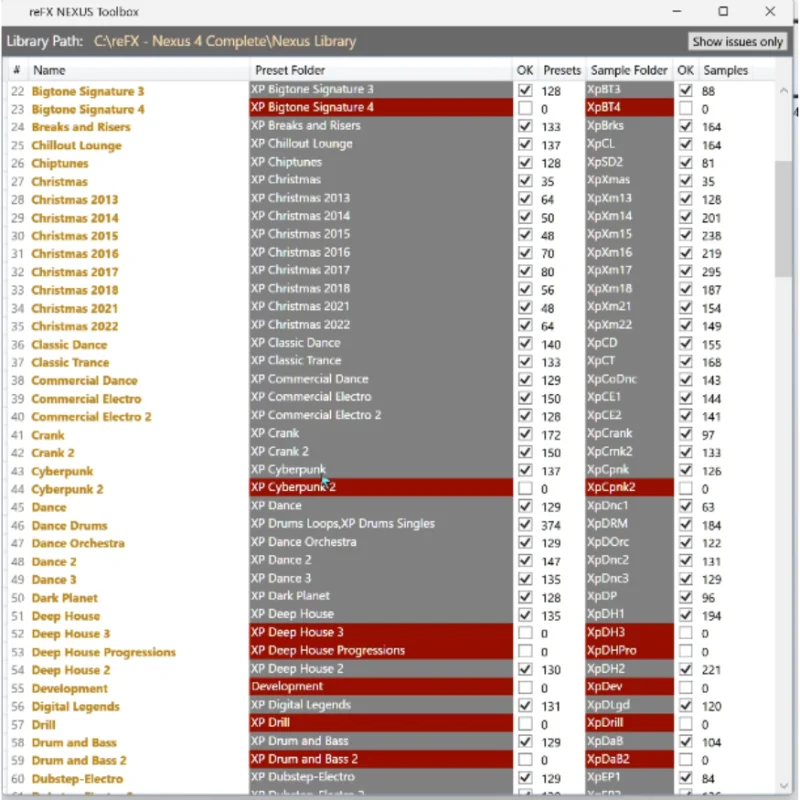 Nexus 4 expansion browser showing sample list