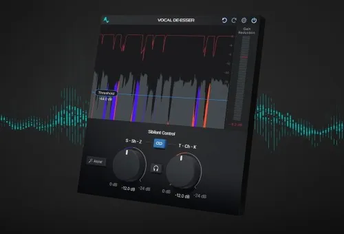 Antares Vocal De-Esser Mac showing AI sibilance detection and real-time monitoring