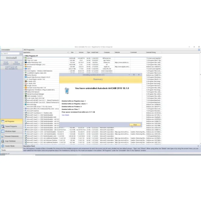 Revo Uninstaller Pro 5 advanced residual file scanning showing leftover files and registry entries